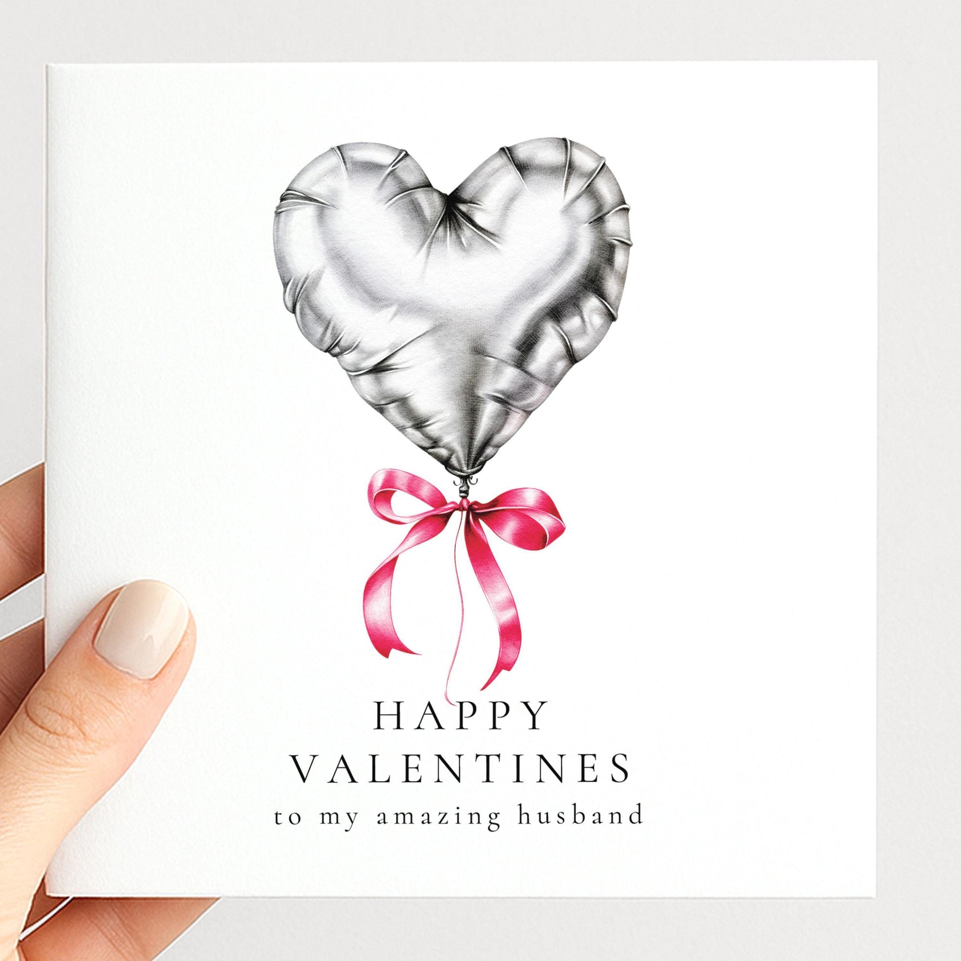 Valentines Card Husband - Personalised Heart Balloon Card With Pink Ribbon Detail