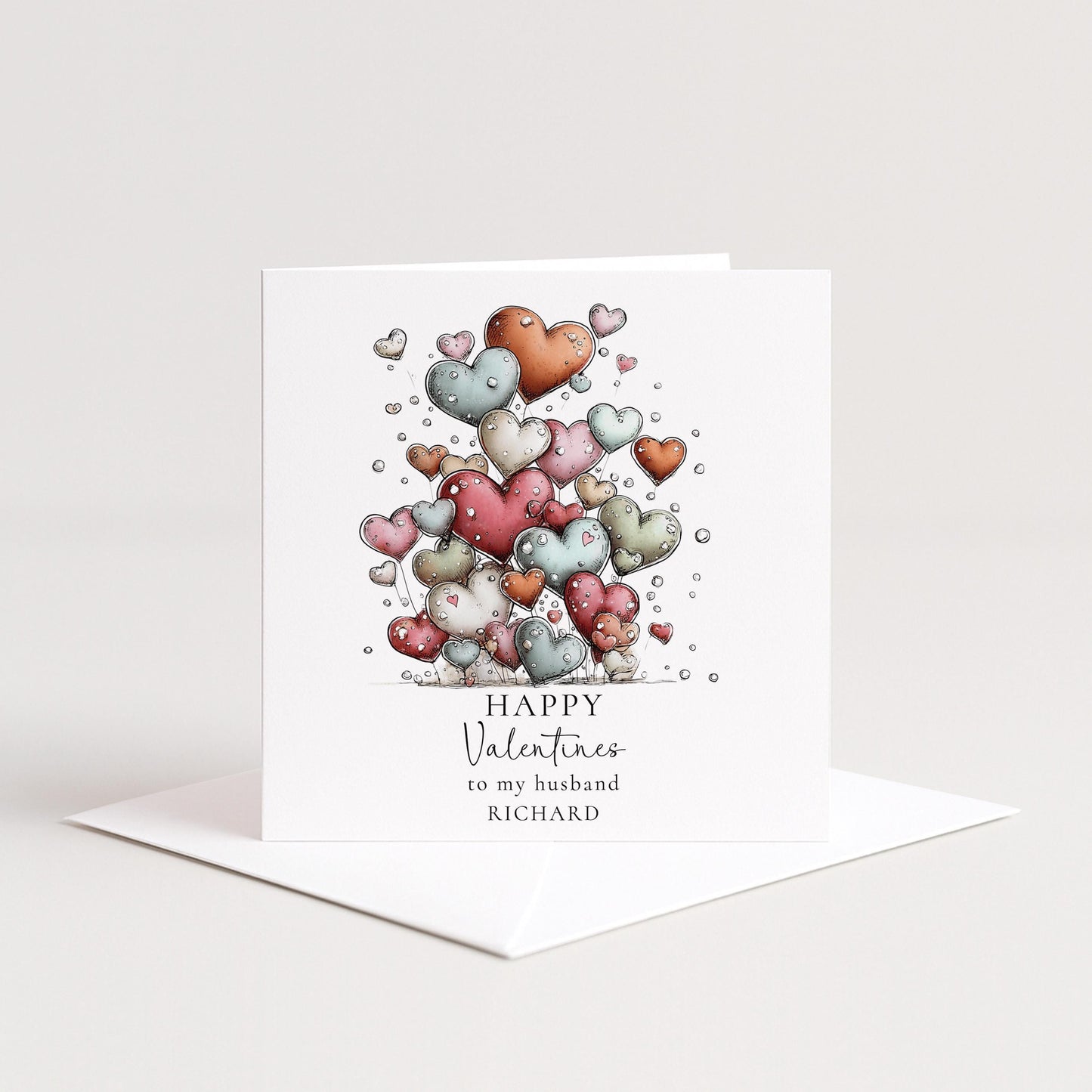 Valentines Card Husband - Personalised Romantic Valentine Card With Soft Pastel Hearts