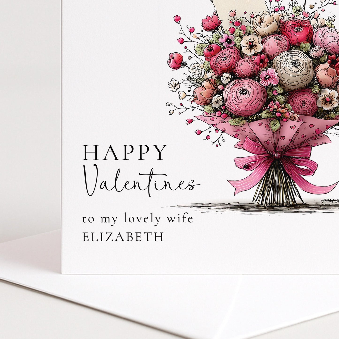 Valentines Card Wife - Personalised Romantic Floral Design With Hand Tied Bouquet