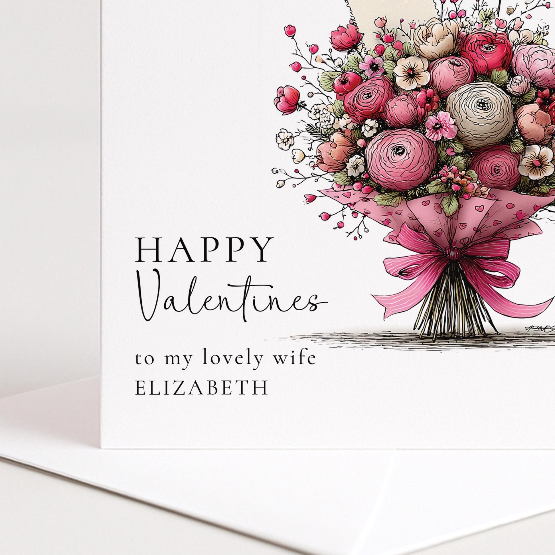 Valentines Card Wife - Personalised Romantic Floral Design With Hand Tied Bouquet