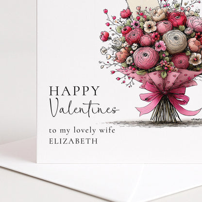 Valentines Card Wife - Personalised Romantic Floral Design With Hand Tied Bouquet