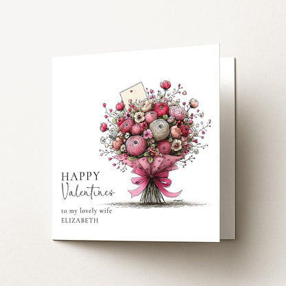 Valentines Card Wife - Personalised Romantic Floral Design With Hand Tied Bouquet
