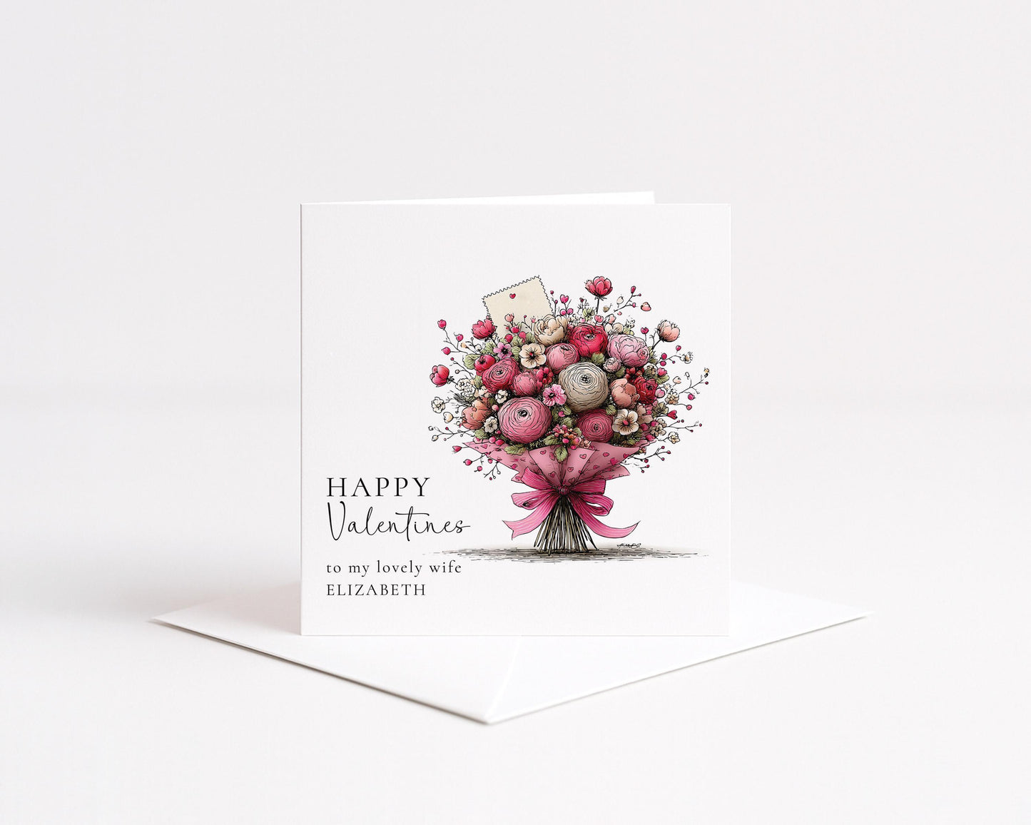 Valentines Card Wife - Personalised Romantic Floral Design With Hand Tied Bouquet