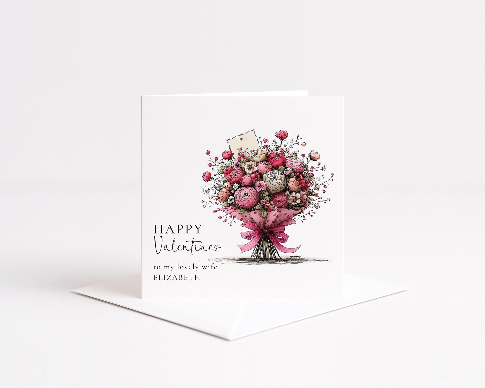 Valentines Card Wife - Personalised Romantic Floral Design With Hand Tied Bouquet