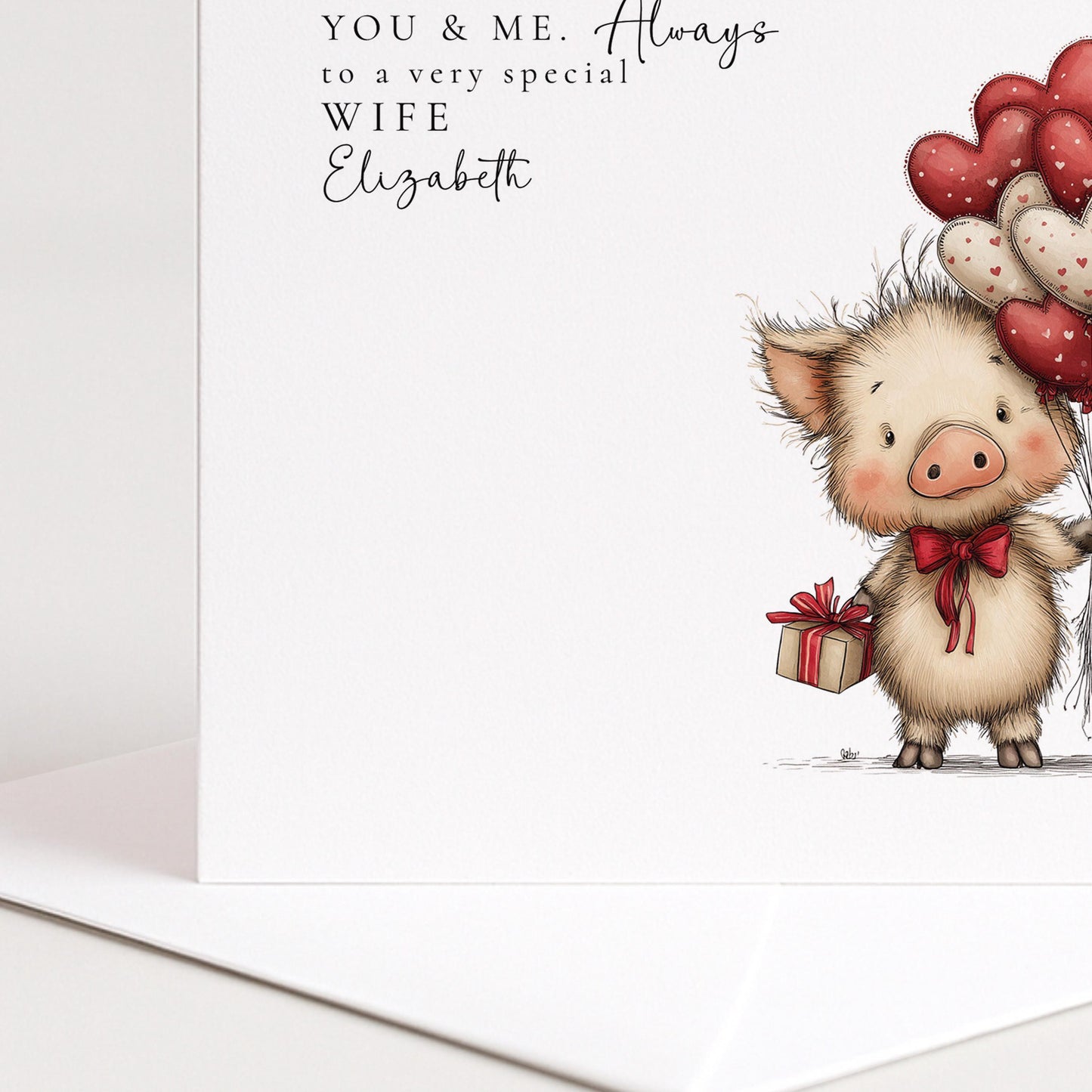 Valentines Card Wife – Personalised Romantic Pig Valentine Card With Heart Balloons