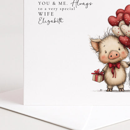 Valentines Card Wife – Personalised Romantic Pig Valentine Card With Heart Balloons