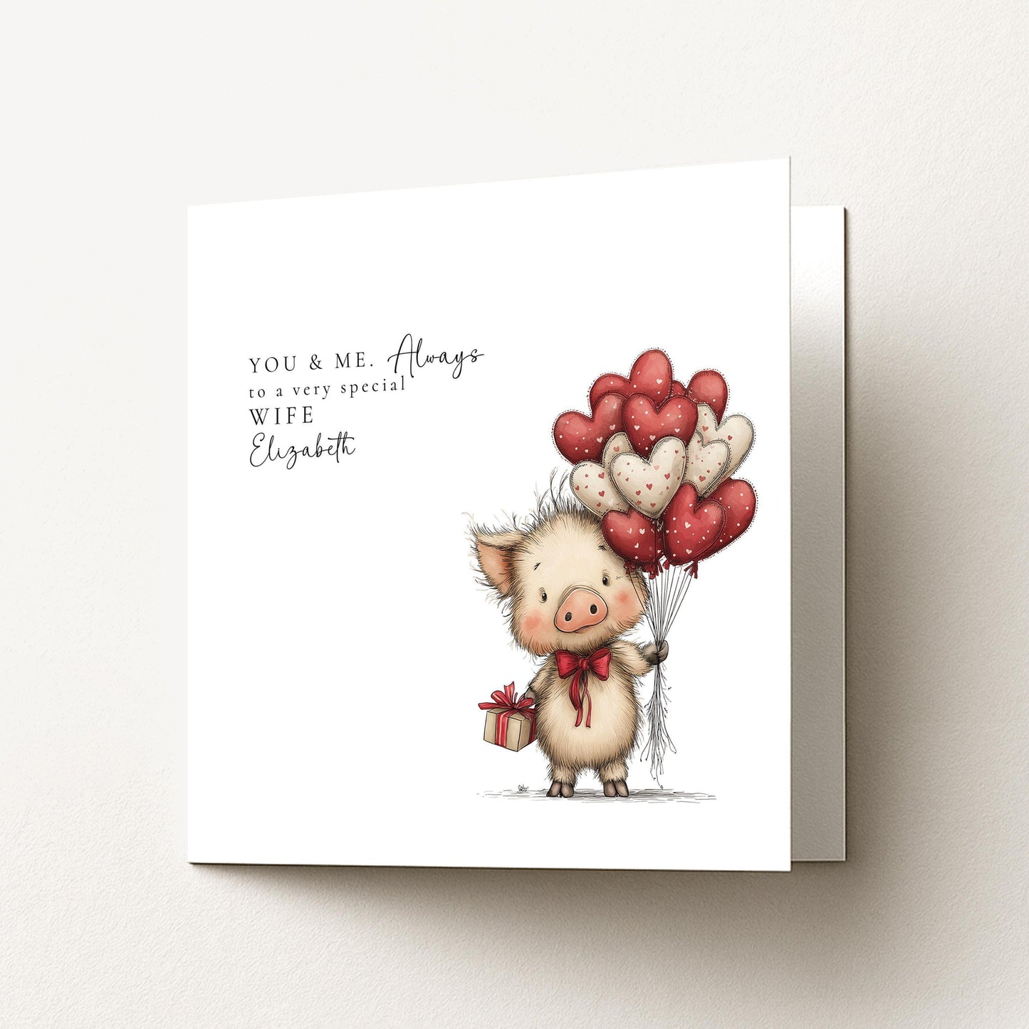 Valentines Card Wife – Personalised Romantic Pig Valentine Card With Heart Balloons