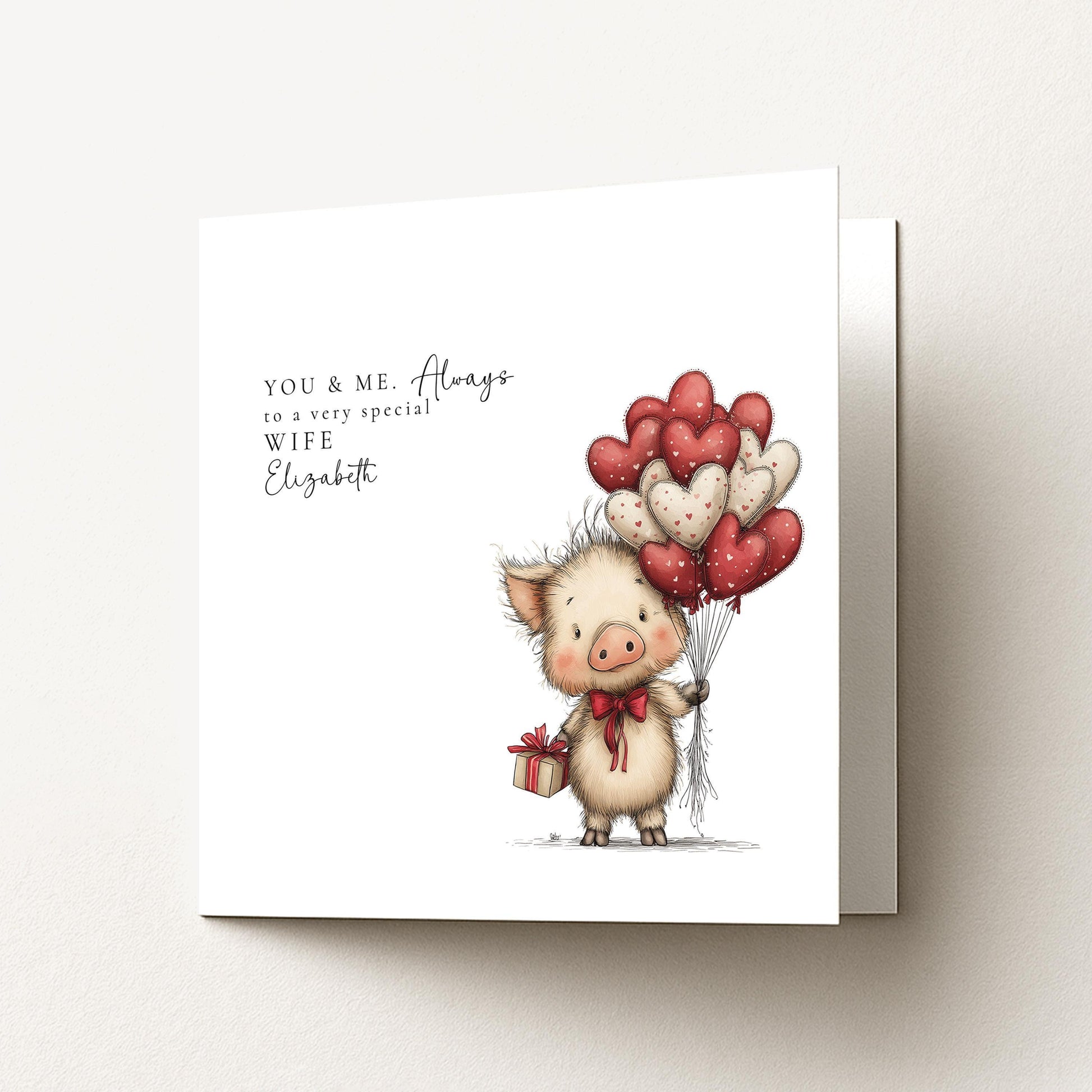 Valentines Card Wife – Personalised Romantic Pig Valentine Card With Heart Balloons