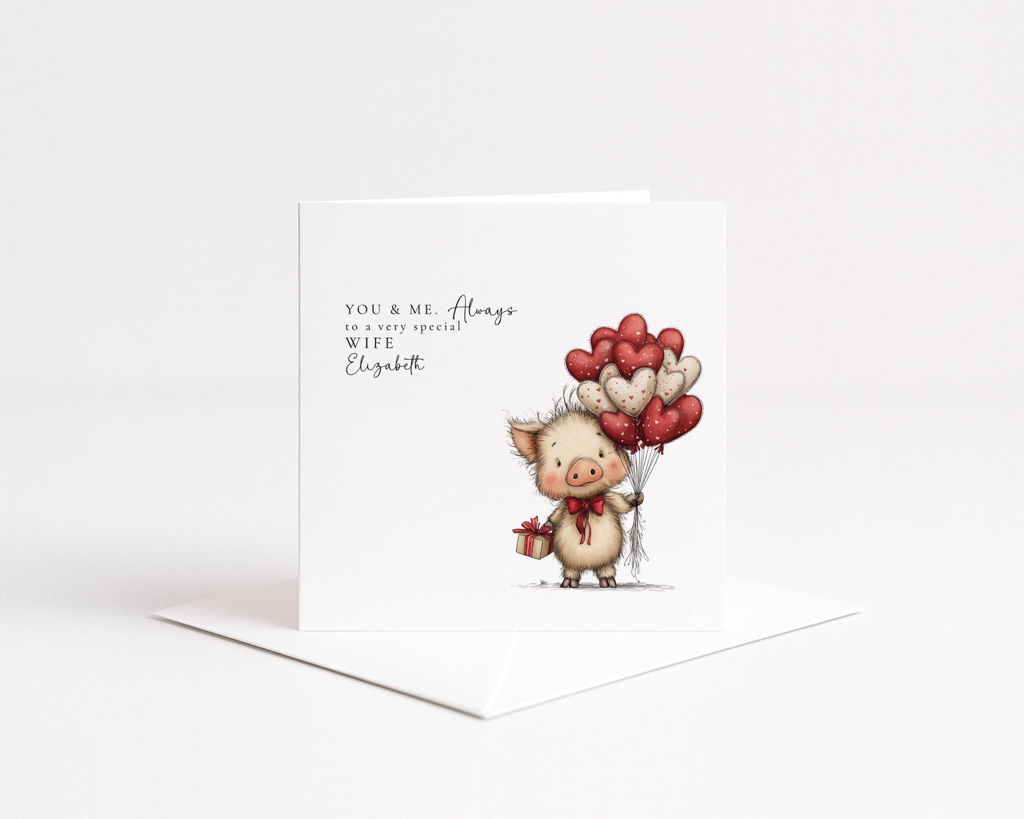 Valentines Card Wife – Personalised Romantic Pig Valentine Card With Heart Balloons