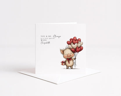 Valentines Card Wife – Personalised Romantic Pig Valentine Card With Heart Balloons