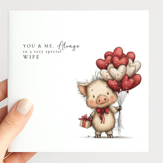 Valentines Card Wife – Personalised Romantic Pig Valentine Card With Heart Balloons