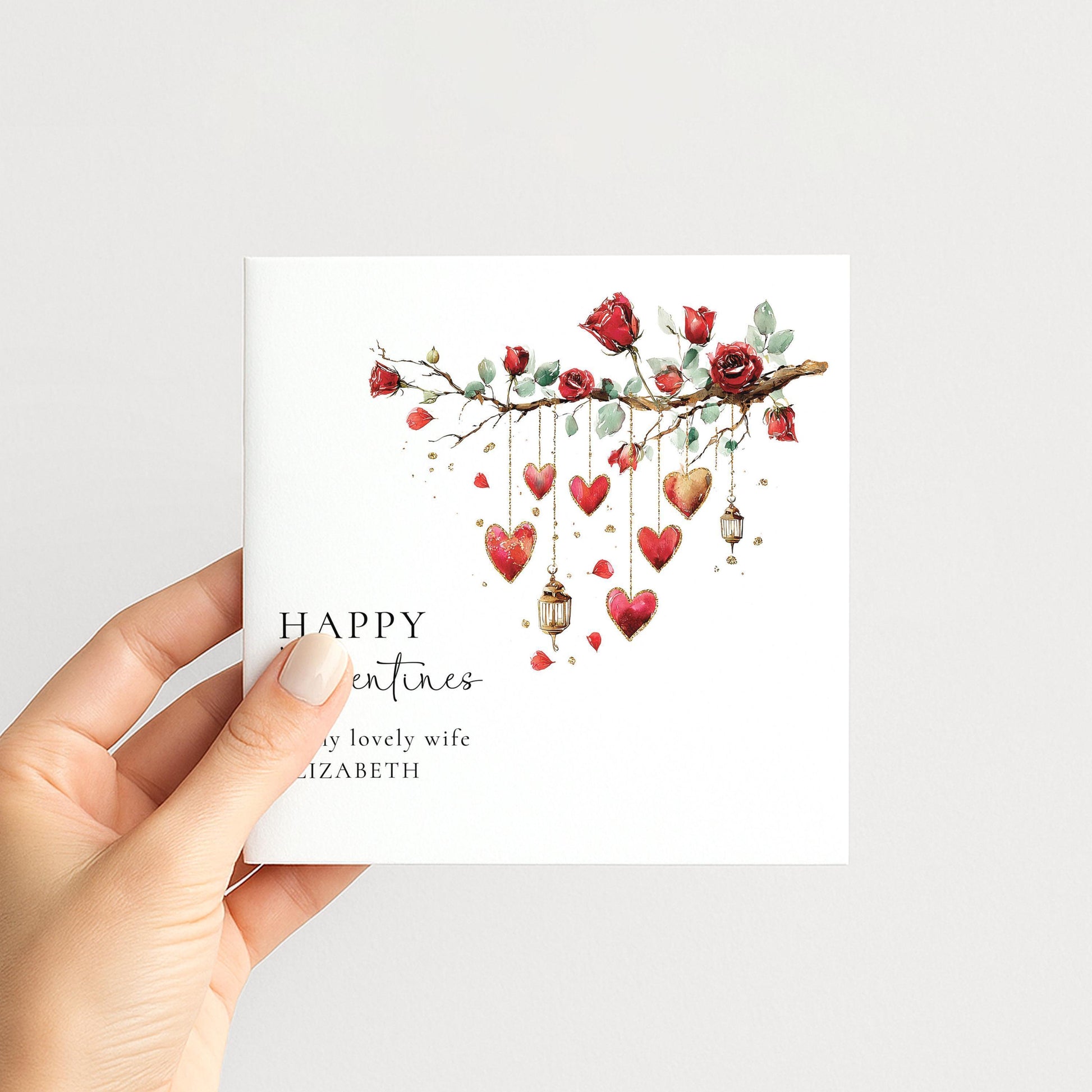 Valentines Card Wife – Personalised Romantic Valentines Card With Roses And Hearts