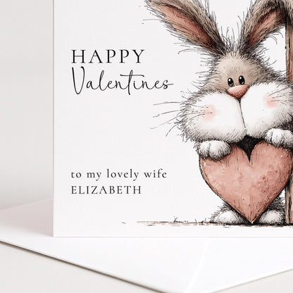 Valentines Card for Wife - Personalised Cute Bunny Valentine With Premium 300gsm Matte Finish