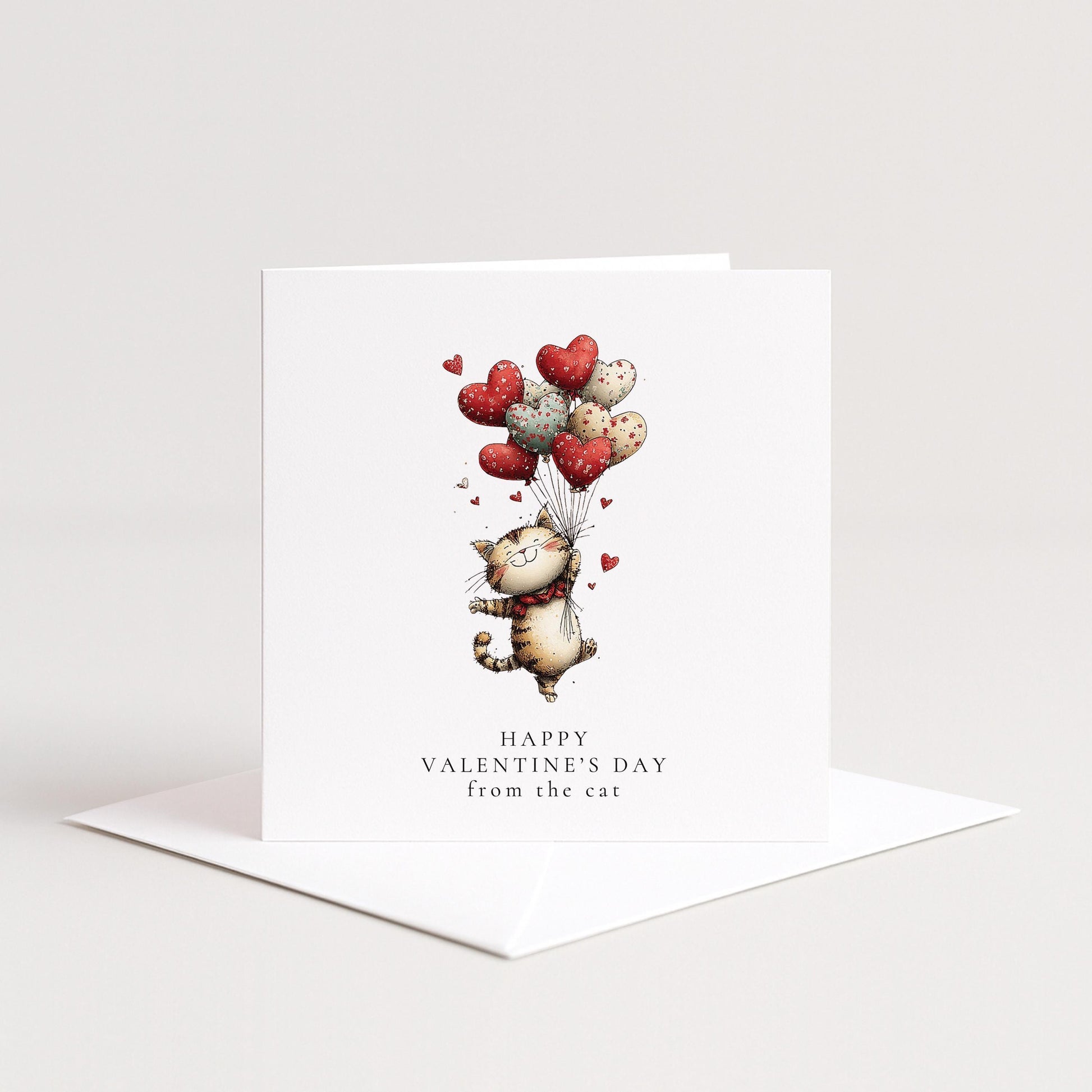 Valentines Cat Card – Personalised Cute Cat Heart Balloons On Premium Matte Card