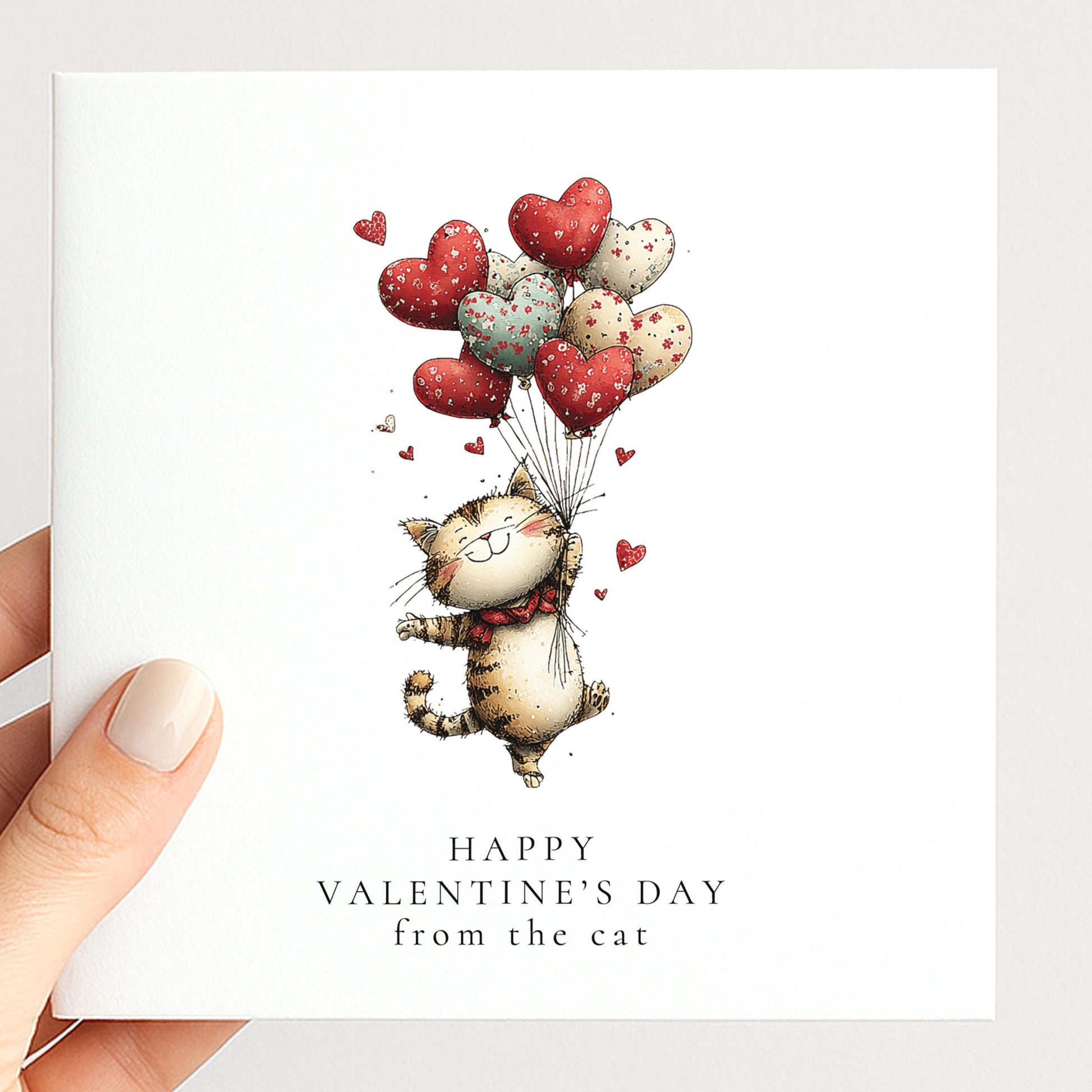 Valentines Cat Card – Personalised Cute Cat Heart Balloons On Premium Matte Card