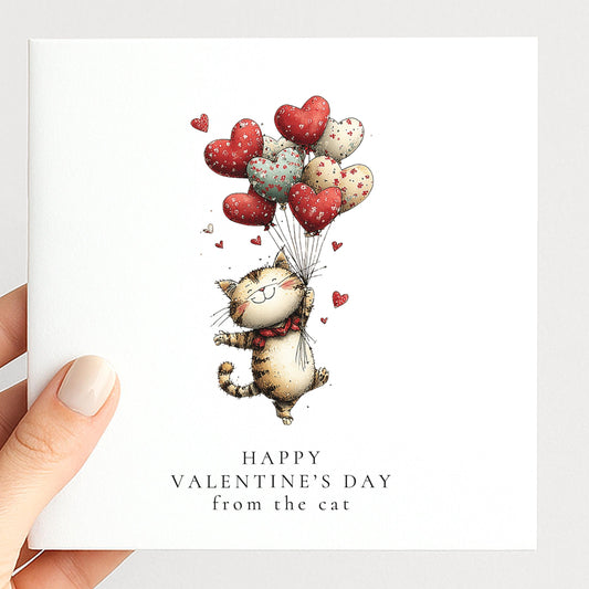 Valentines Cat Card – Personalised Cute Cat Heart Balloons On Premium Matte Card