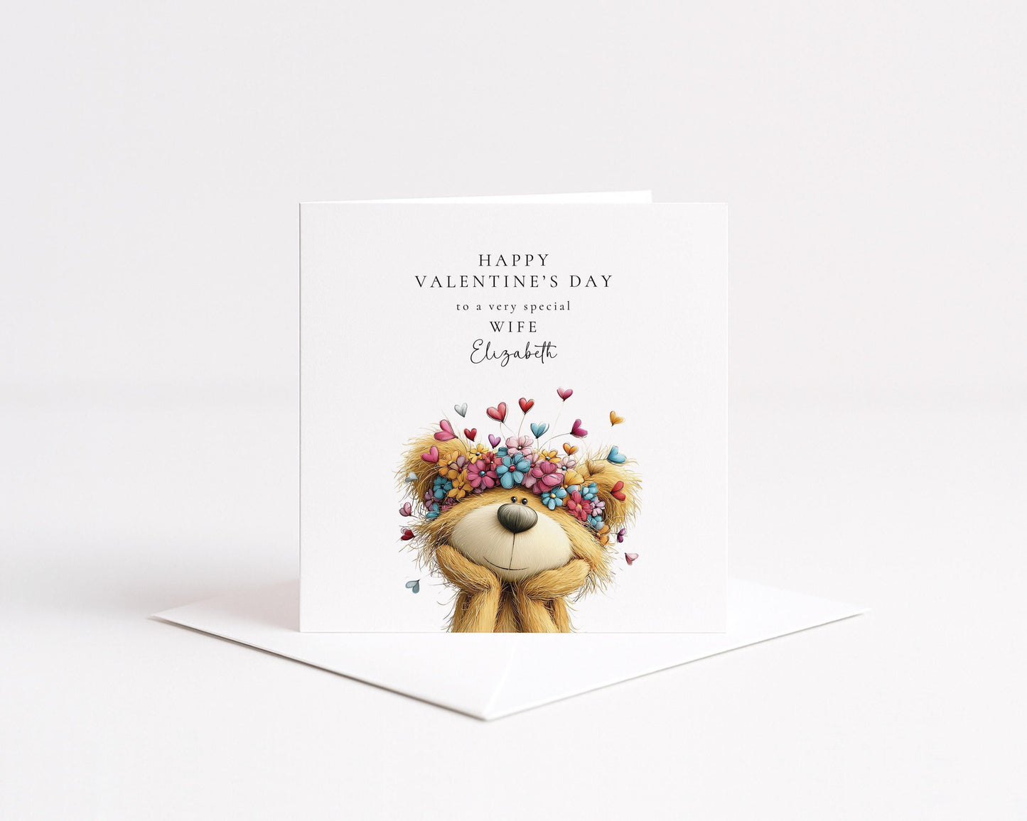 Valentine's Day Card - Floral Teddy Bear Keepsake With Custom Name Personalisation