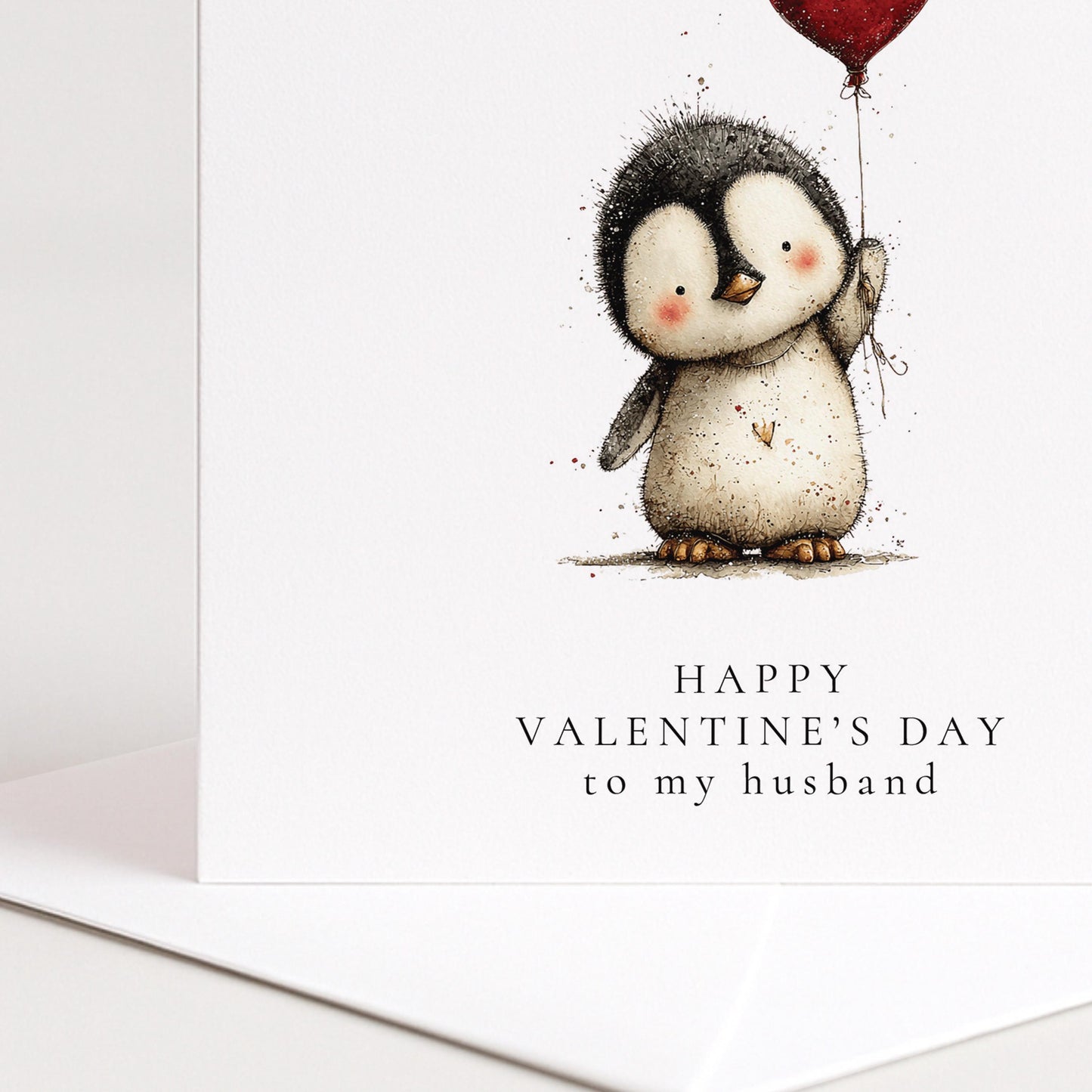 Valentines Husband Card - Personalised Cute Penguin Card With Heart Balloon Design