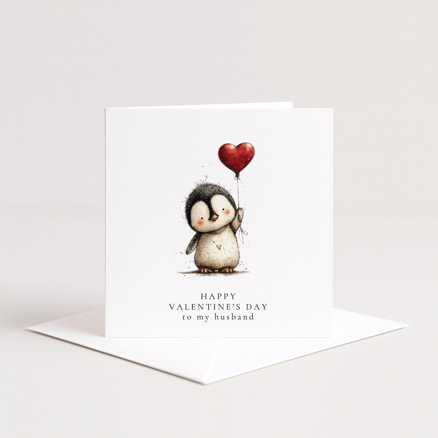 Valentines Husband Card - Personalised Cute Penguin Card With Heart Balloon Design