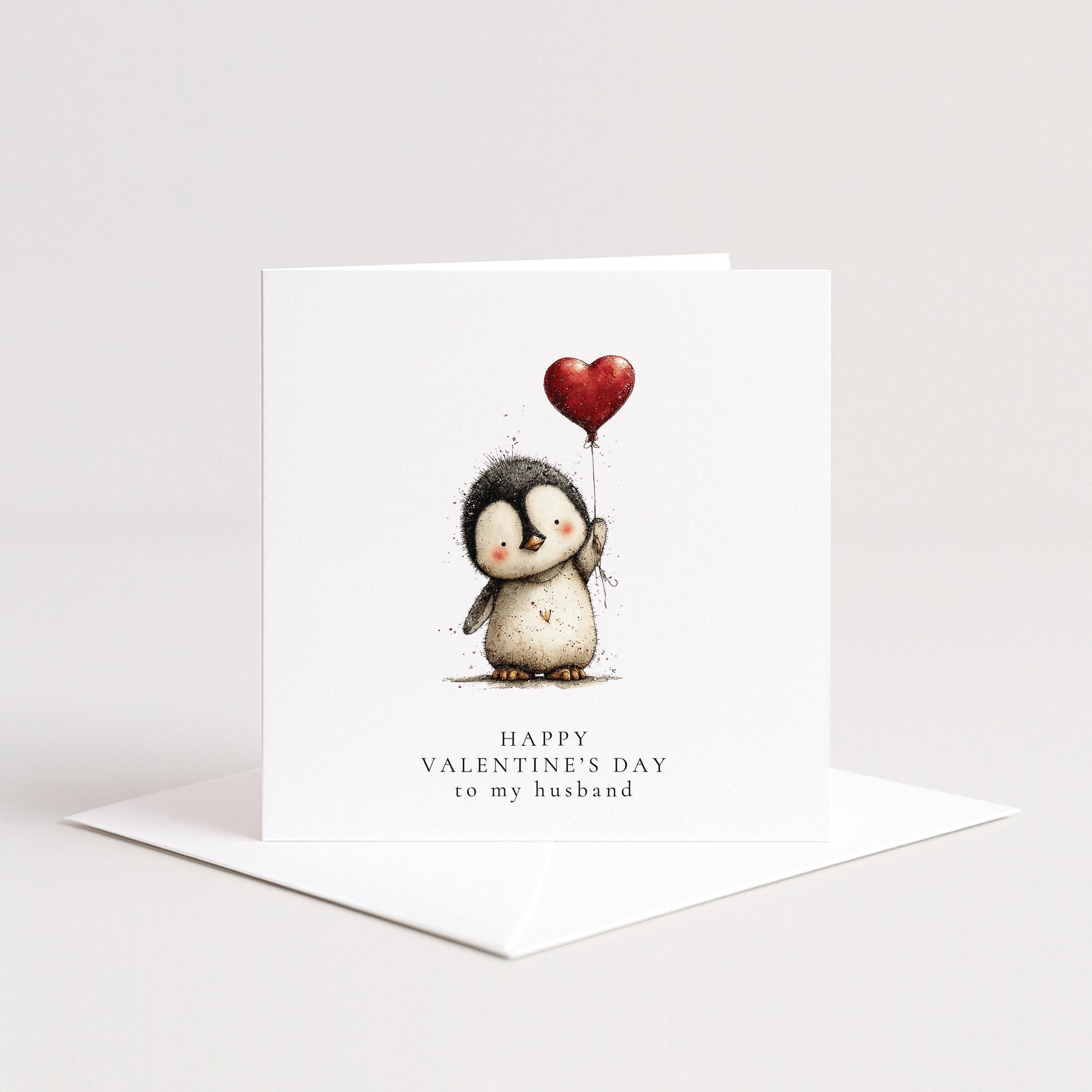 Valentines Husband Card - Personalised Cute Penguin Card With Heart Balloon Design