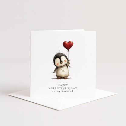 Valentines Husband Card - Personalised Cute Penguin Card With Heart Balloon Design