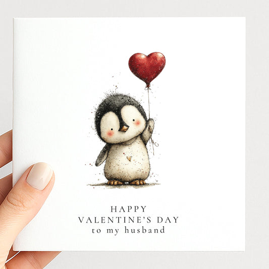 Valentines Husband Card - Personalised Cute Penguin Card With Heart Balloon Design