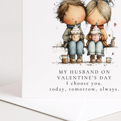 Valentines Husband Card – Personalised Romantic Keepsake With Hot Chocolate Illustration