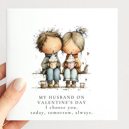 Valentines Husband Card – Personalised Romantic Keepsake With Hot Chocolate Illustration