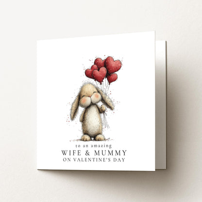 Valentines Wife Card – Personalised Cute Bunny Heart Balloon Greeting Card