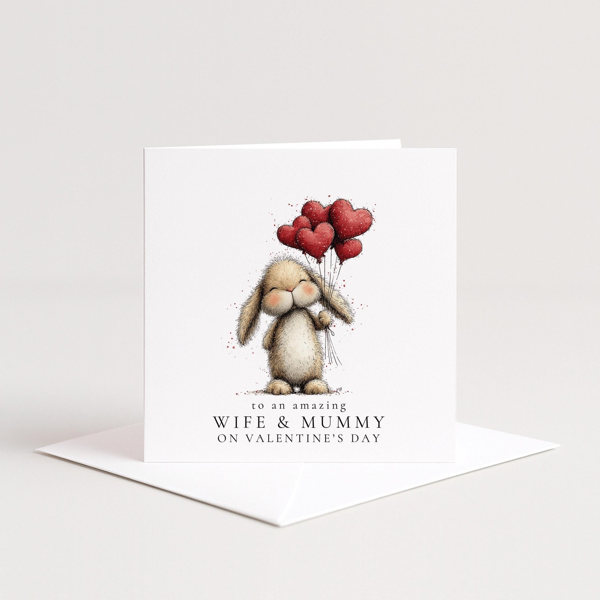Valentines Wife Card – Personalised Cute Bunny Heart Balloon Greeting Card