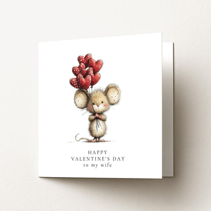 Valentines Wife Card – Personalised Cute Mouse Heart Balloon Greeting