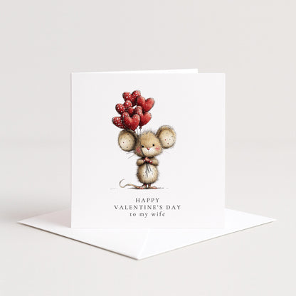 Valentines Wife Card – Personalised Cute Mouse Heart Balloon Greeting