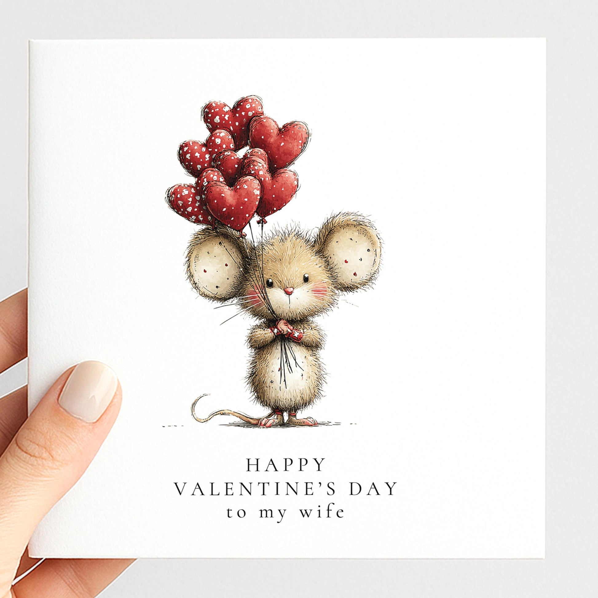 Valentines Wife Card – Personalised Cute Mouse Heart Balloon Greeting