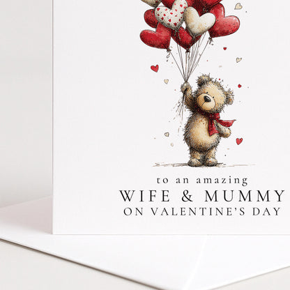 Valentines Wife Mummy Card - Personalised Cute Bear Valentine With Heart Balloons