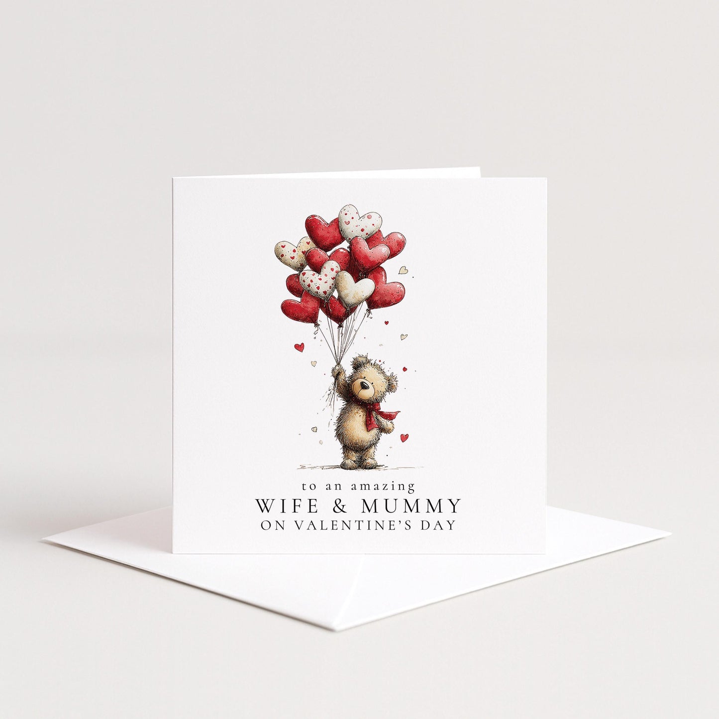 Valentines Wife Mummy Card - Personalised Cute Bear Valentine With Heart Balloons