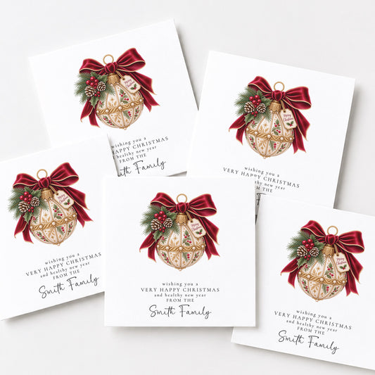 Personalised Family Christmas Card Multipack, Vintage Bauble Design, Pack of 5 10 15 20 25 30 Cards, Custom Family Name