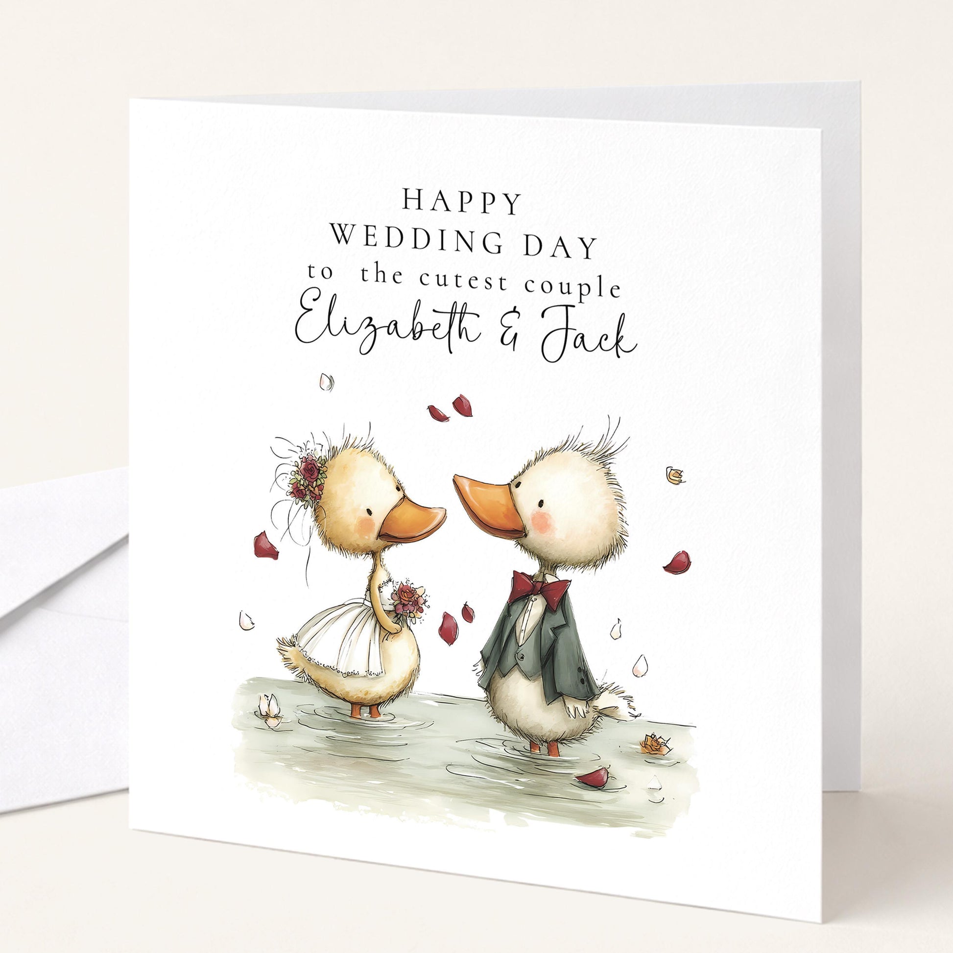 Wedding Card Couple - Personalised Bride Groom Card With Duck Illustration