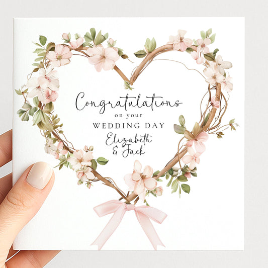 Wedding Card Couple – Personalised Custom Wedding Card with Floral Heart Wreath Design