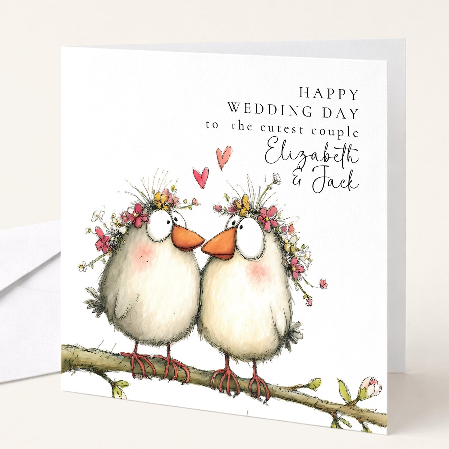 Wedding Card Couple - Personalised Love Birds Card With Envelope & Floral Design