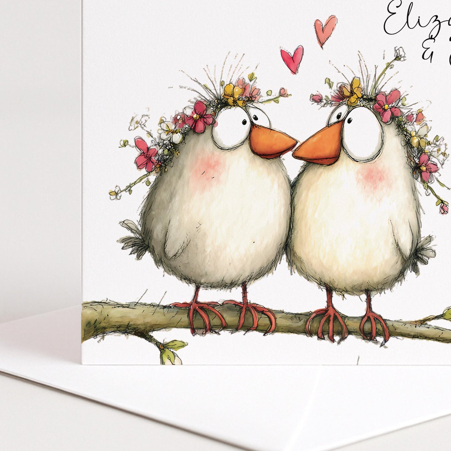 Wedding Card Couple - Personalised Love Birds Card With Envelope & Floral Design