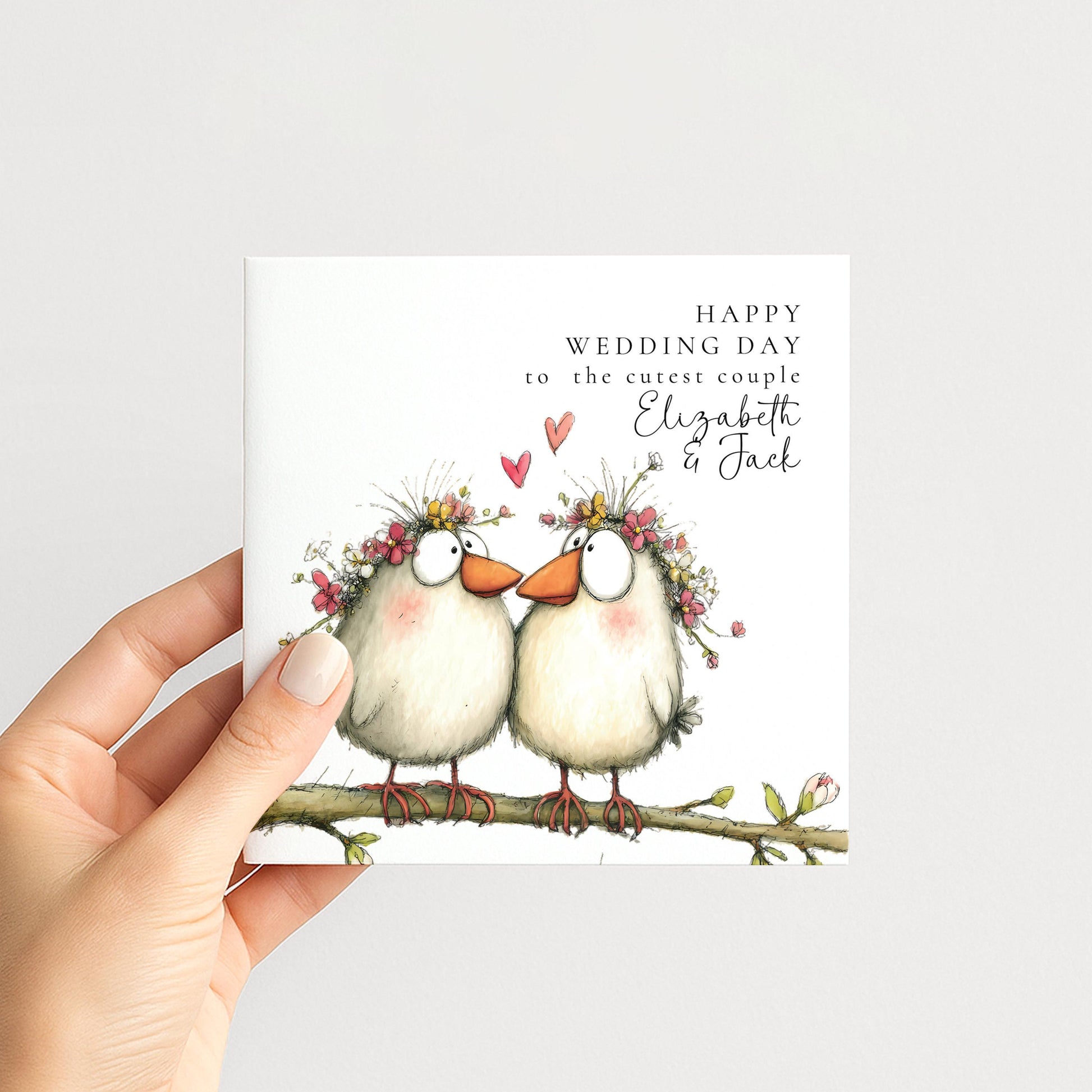 Wedding Card Couple - Personalised Love Birds Card With Envelope & Floral Design