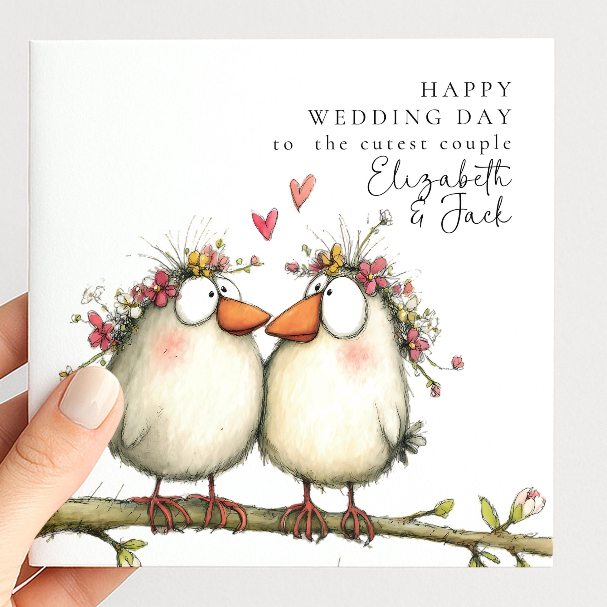 Wedding Card Couple - Personalised Love Birds Card With Envelope & Floral Design
