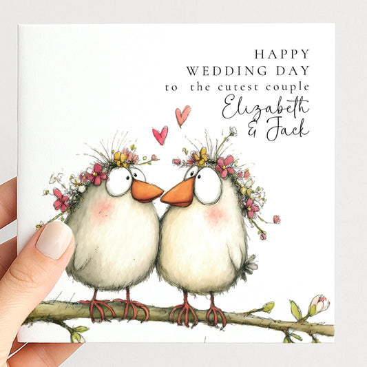 Wedding Card Couple - Personalised Love Birds Card With Envelope & Floral Design