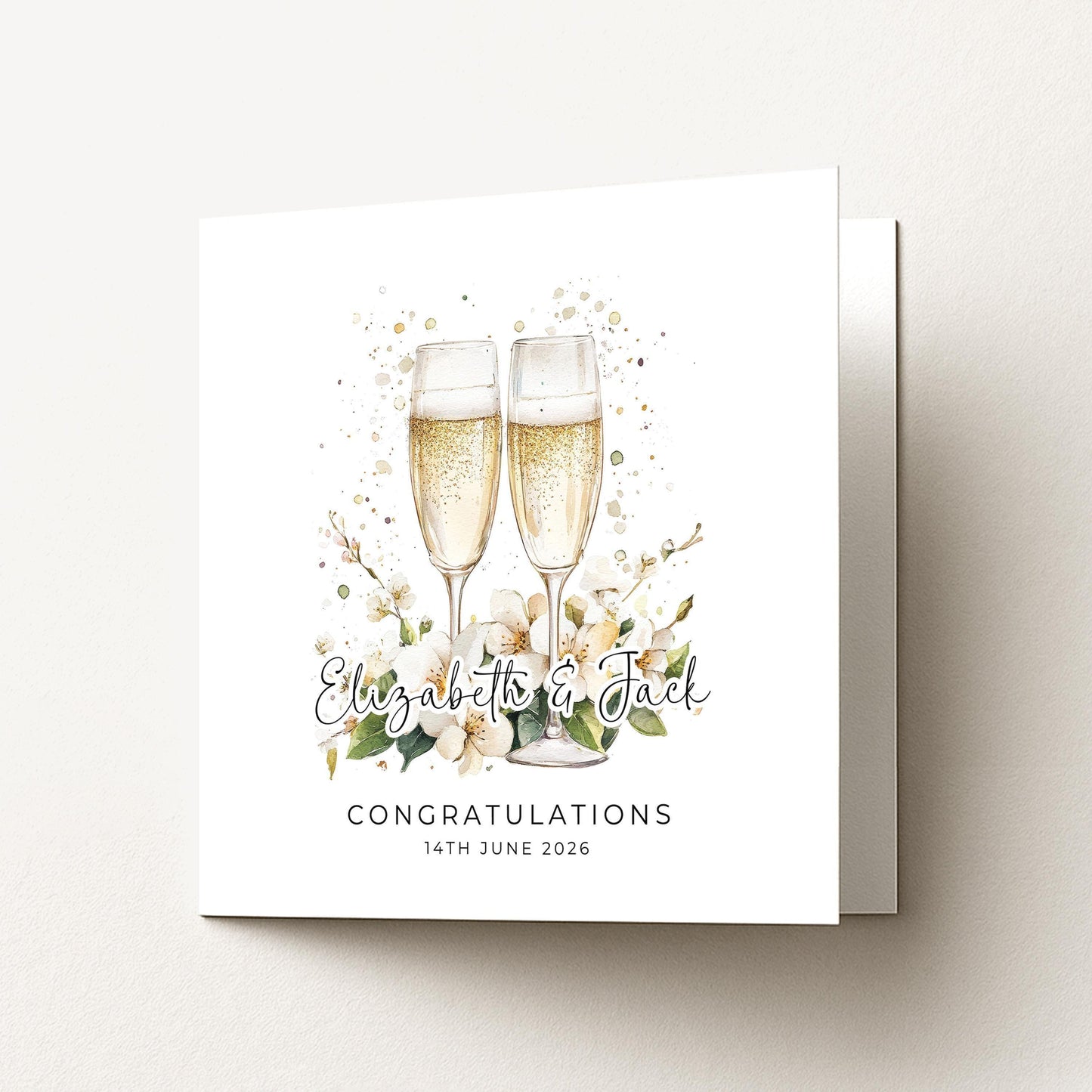 Wedding Congratulations Card – Personalised Champagne Wedding Keepsake With Floral Design