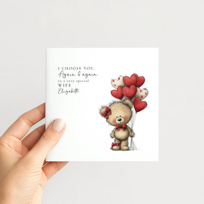 Wife Anniversary Card – Personalised Romantic Teddy Bear Heart Balloon Keepsake
