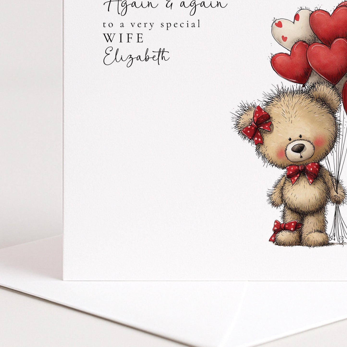 Wife Anniversary Card – Personalised Romantic Teddy Bear Heart Balloon Keepsake