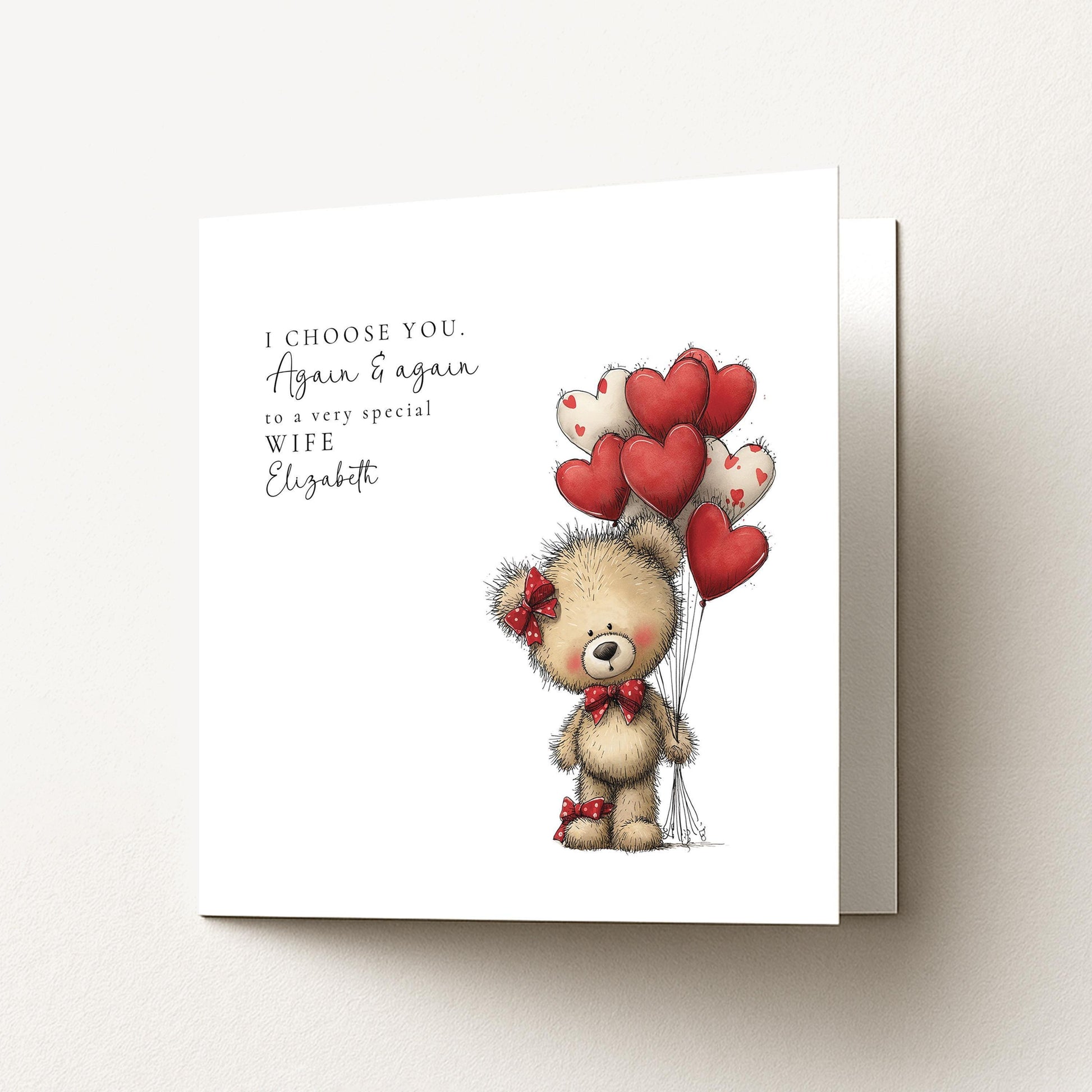 Wife Anniversary Card – Personalised Romantic Teddy Bear Heart Balloon Keepsake