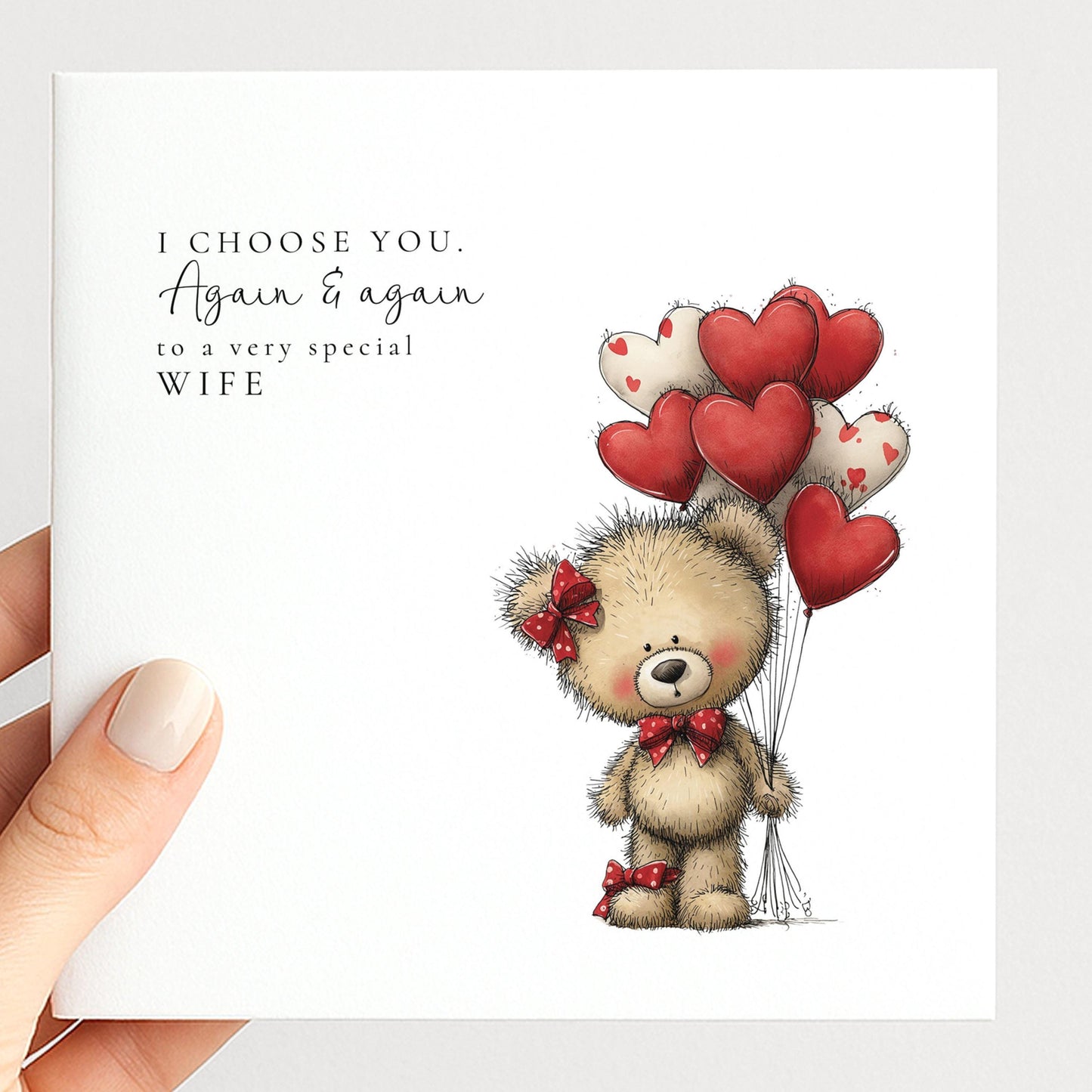 Wife Anniversary Card – Personalised Romantic Teddy Bear Heart Balloon Keepsake