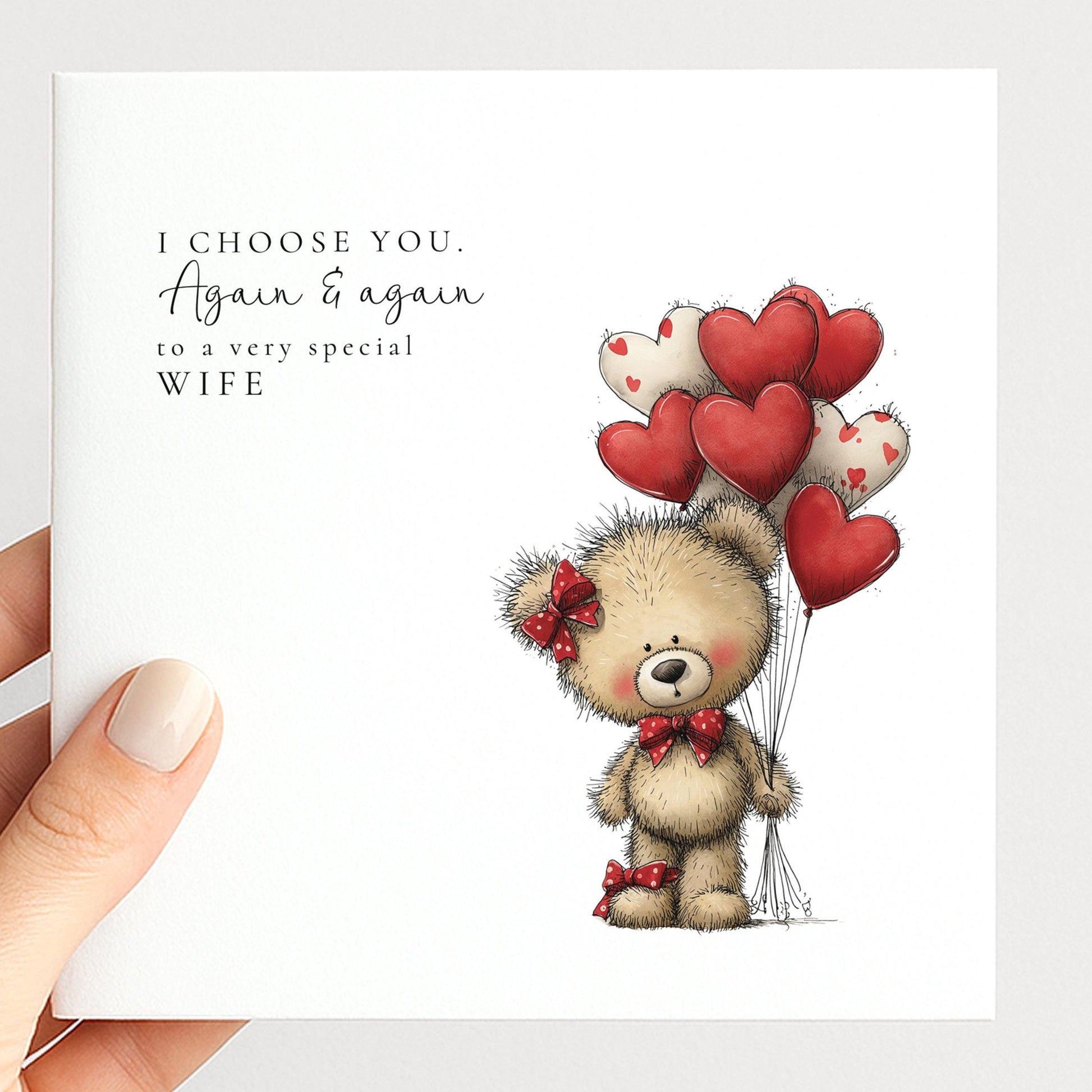 Wife Anniversary Card – Personalised Romantic Teddy Bear Heart Balloon Keepsake