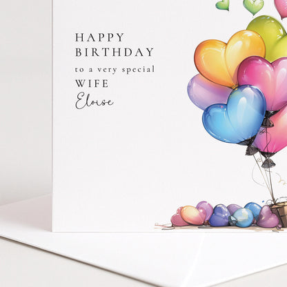 Wife Birthday Card – Personalised Romantic Heart Balloon Greeting Keepsake